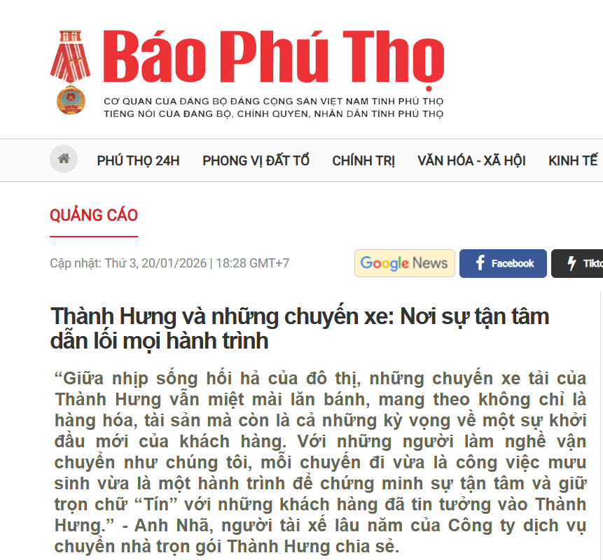 Báo Phú Thọ viết về Thành Hưng